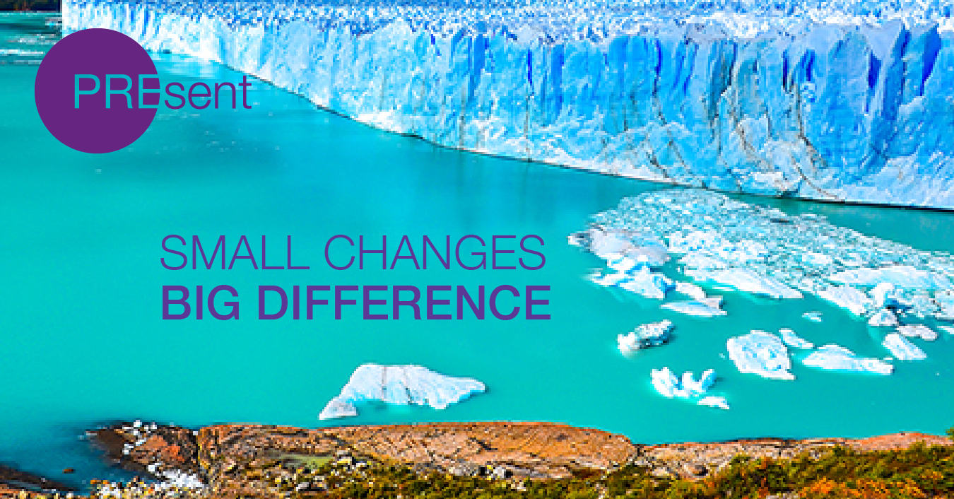 Iceberg with pieces of ice in the sea. Small changes, big difference is written next to the image