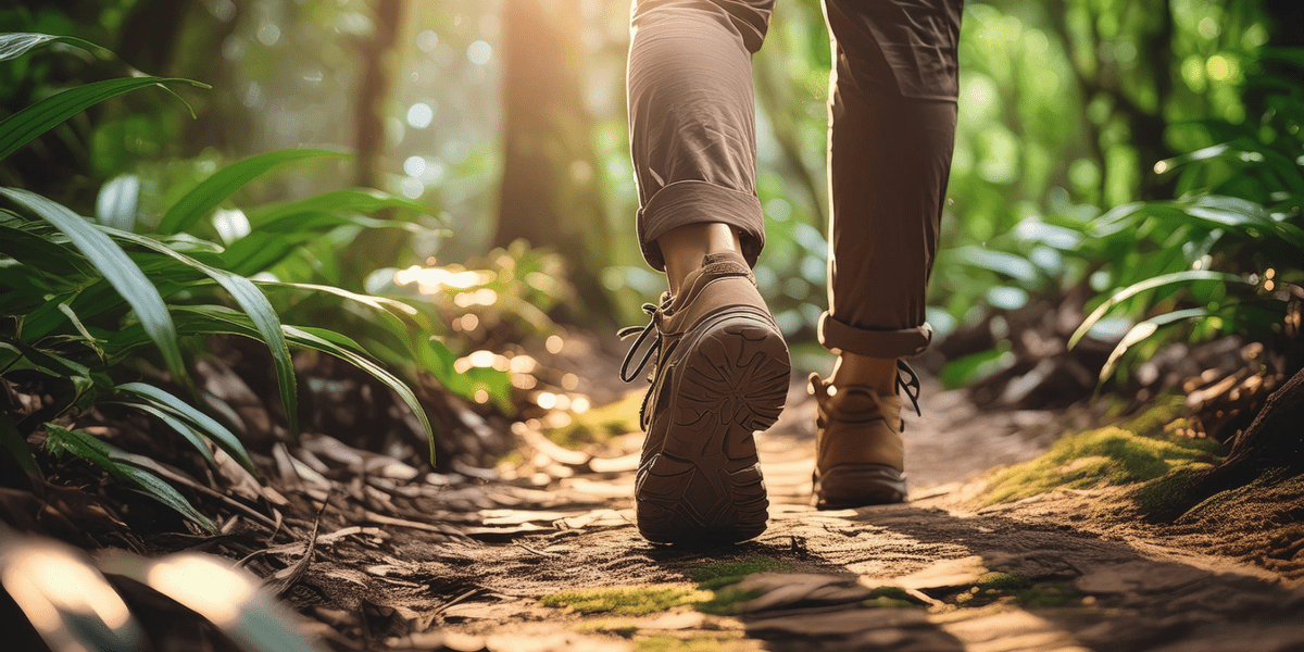 A person walking along a sunlit forest path